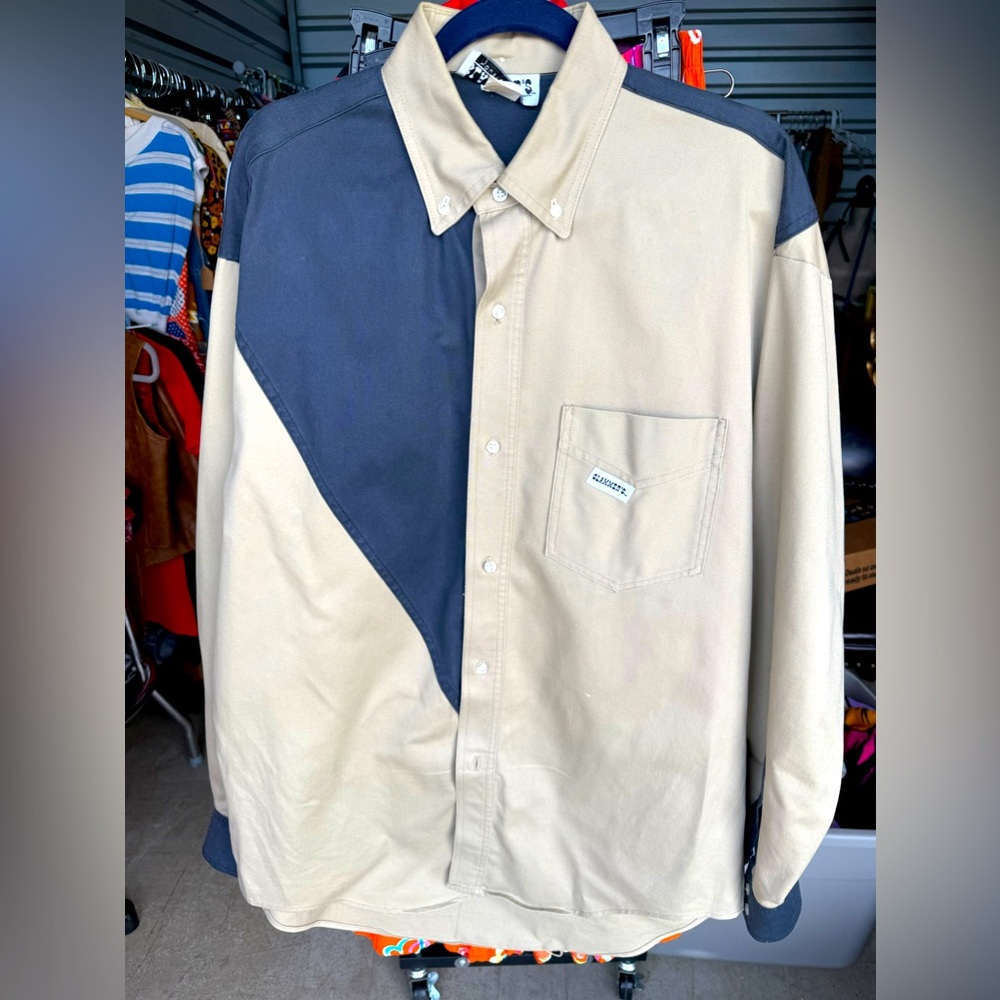 Vintage men’s Slammers western cowboy navy beige button down shirt large